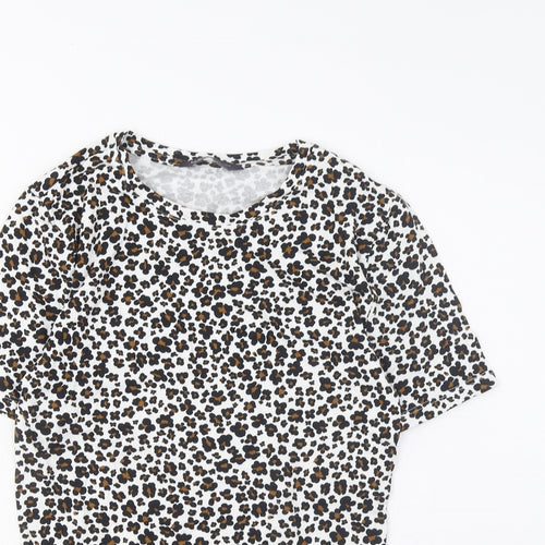 Marks and Spencer Womens Brown Animal Print Cotton Basic T-Shirt Size 6 Crew Neck