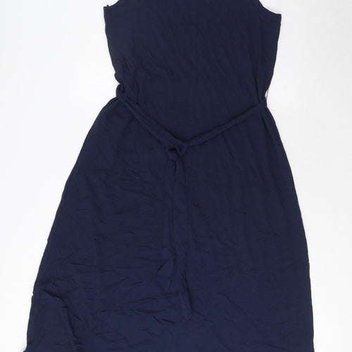 Marks and Spencer Womens Blue Cotton A-Line Size 12 Round Neck Button - Belted