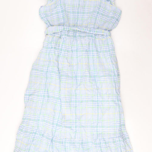 Marks and Spencer Womens Multicoloured Plaid Cotton A-Line Size 14 Square Neck Pullover - Belted, Pleated