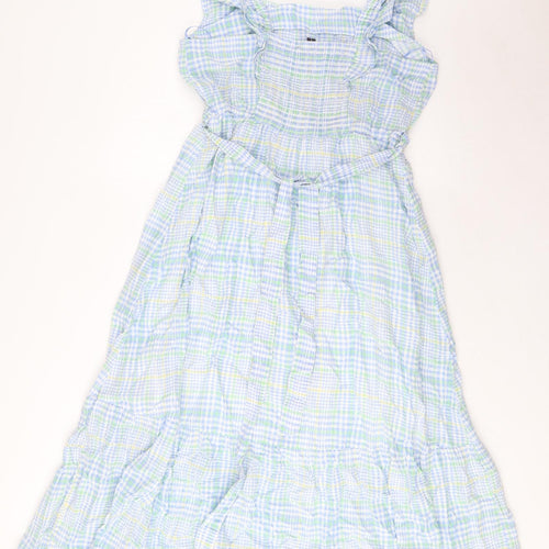 Marks and Spencer Womens Multicoloured Plaid Cotton A-Line Size 14 Square Neck Pullover - Belted, Pleated
