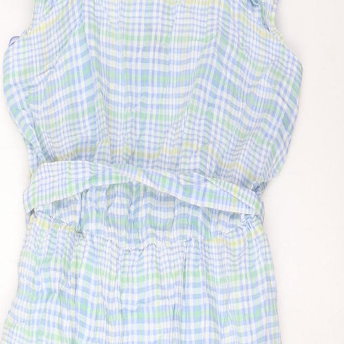 Marks and Spencer Womens Multicoloured Plaid Cotton A-Line Size 14 Square Neck Pullover - Belted, Pleated
