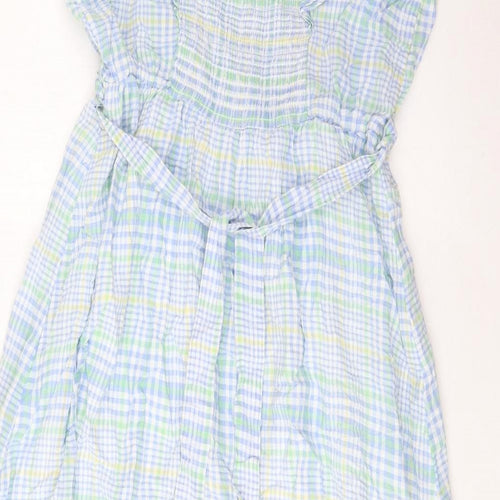 Marks and Spencer Womens Multicoloured Plaid Cotton A-Line Size 14 Square Neck Pullover - Belted, Pleated