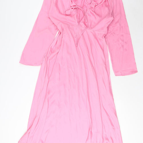 Marks and Spencer Womens Pink Polyester A-Line Size 12 Boat Neck Zip - Back Tie