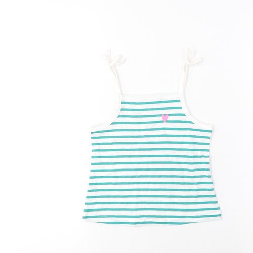 Marks and Spencer Girls Green Striped Cotton Cropped Tank Size 2-3 Years Square Neck Pullover - Embroidered, Heart