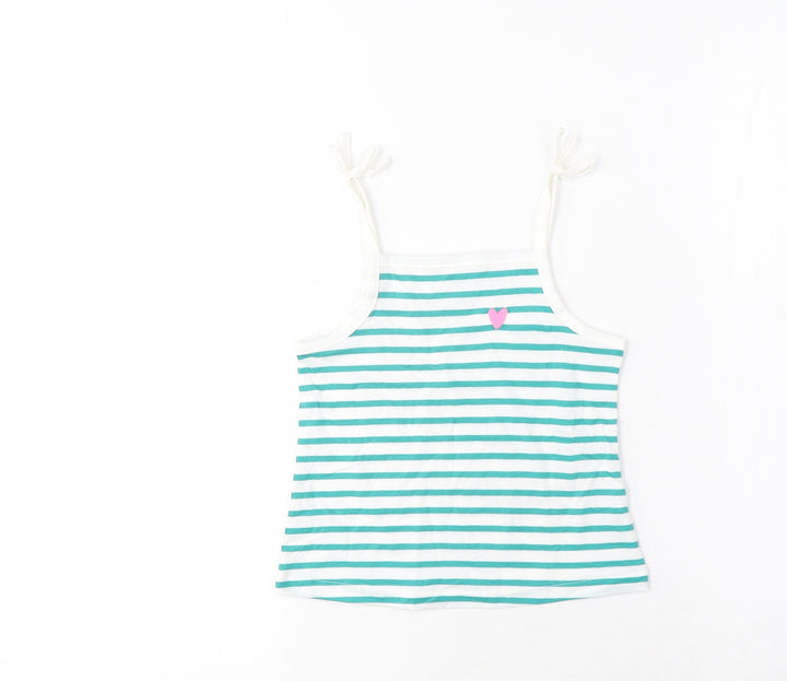Marks and Spencer Girls Green Striped Cotton Cropped Tank Size 2-3 Years Square Neck Pullover - Embroidered, Heart