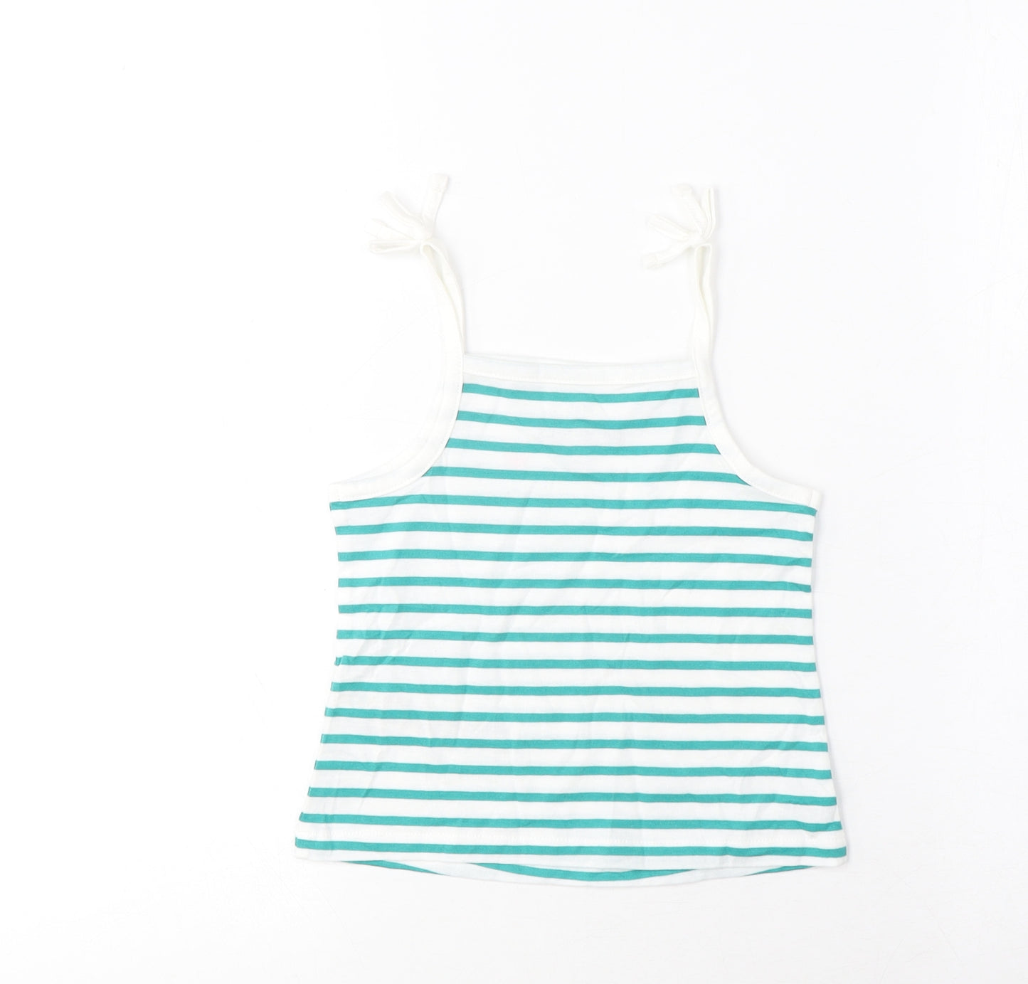 Marks and Spencer Girls Green Striped Cotton Cropped Tank Size 2-3 Years Square Neck Pullover - Embroidered, Heart