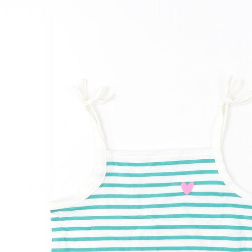 Marks and Spencer Girls Green Striped Cotton Cropped Tank Size 2-3 Years Square Neck Pullover - Embroidered, Heart