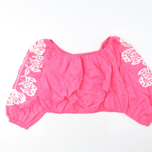 Marks and Spencer Womens Pink Cotton Cropped Blouse Size 20 Scoop Neck - Embroidered