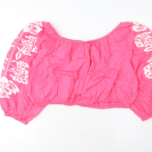 Marks and Spencer Womens Pink Cotton Cropped Blouse Size 20 Scoop Neck - Embroidered