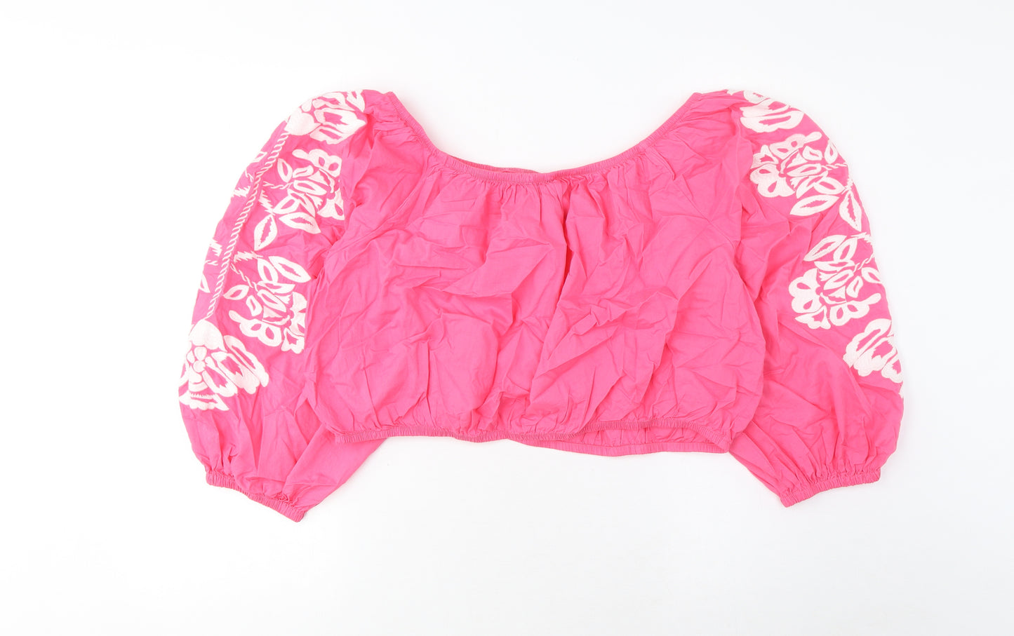 Marks and Spencer Womens Pink Cotton Cropped Blouse Size 20 Scoop Neck - Embroidered