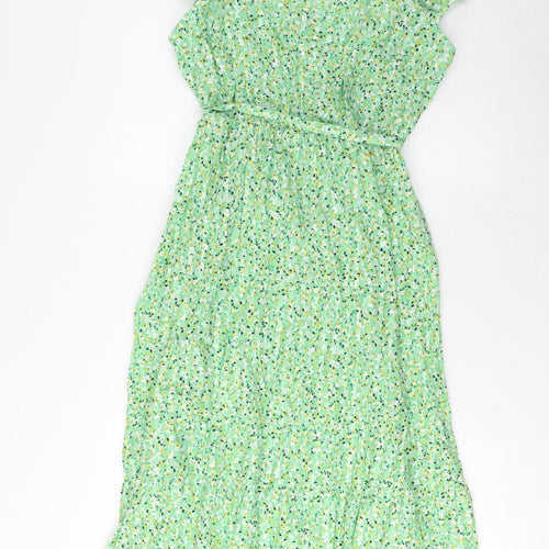 Marks and Spencer Womens Green Floral Cotton A-Line Size 14 Square Neck Pullover - Belted