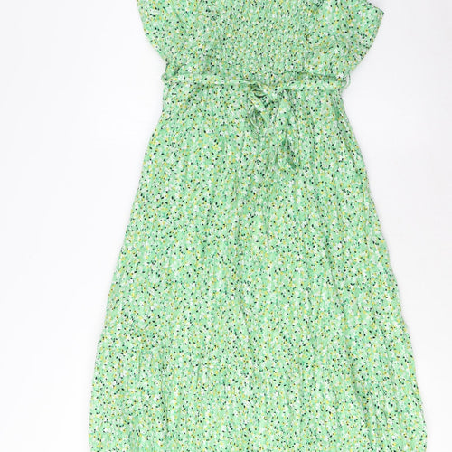 Marks and Spencer Womens Green Floral Cotton A-Line Size 14 Square Neck Pullover - Belted