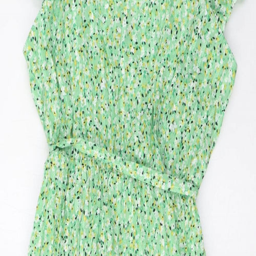 Marks and Spencer Womens Green Floral Cotton A-Line Size 14 Square Neck Pullover - Belted