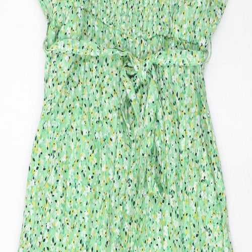 Marks and Spencer Womens Green Floral Cotton A-Line Size 14 Square Neck Pullover - Belted