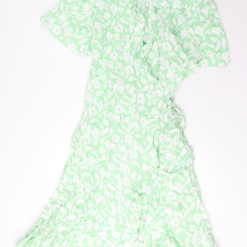 Marks and Spencer Womens Green Floral Linen Wrap Dress Size 24 V-Neck Tie - Frill, Belted