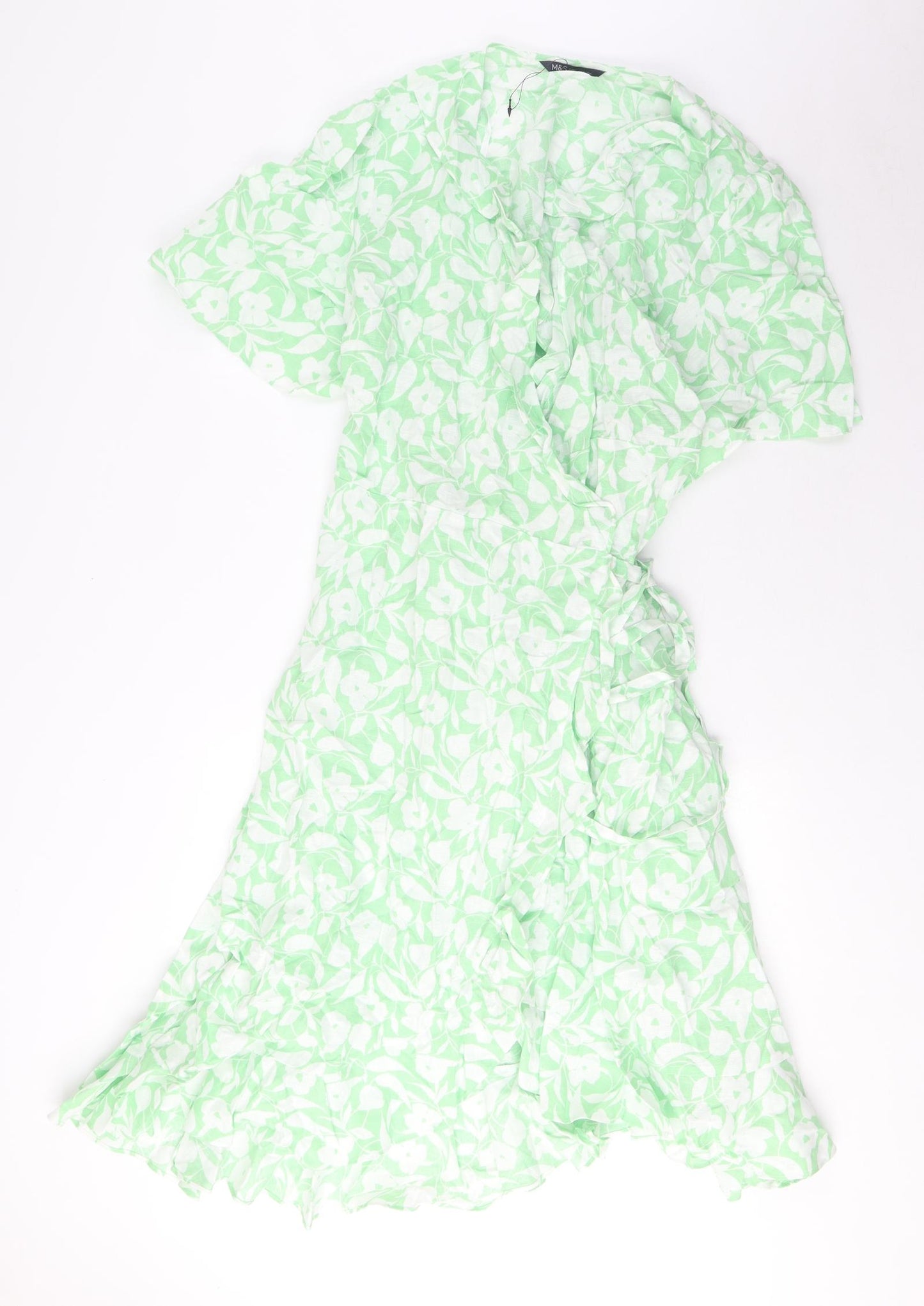 Marks and Spencer Womens Green Floral Linen Wrap Dress Size 24 V-Neck Tie - Frill, Belted