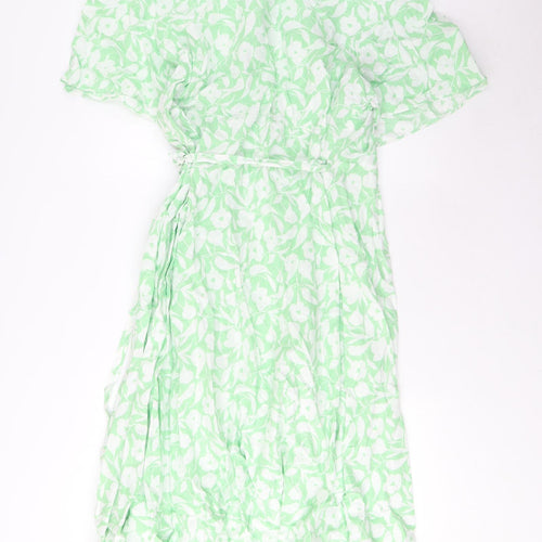 Marks and Spencer Womens Green Floral Linen Wrap Dress Size 24 V-Neck Tie - Frill, Belted