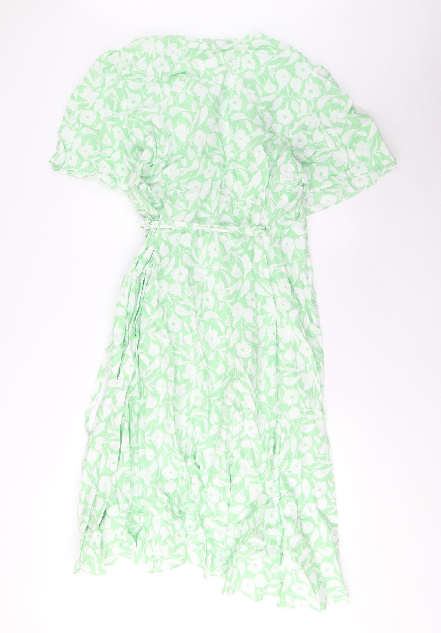 Marks and Spencer Womens Green Floral Linen Wrap Dress Size 24 V-Neck Tie - Frill, Belted