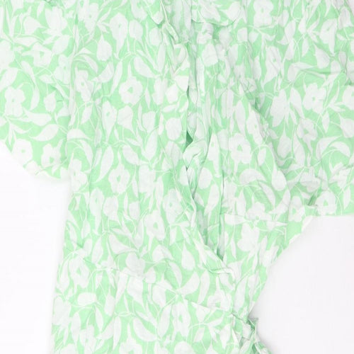 Marks and Spencer Womens Green Floral Linen Wrap Dress Size 24 V-Neck Tie - Frill, Belted