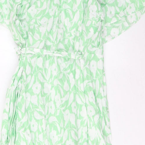Marks and Spencer Womens Green Floral Linen Wrap Dress Size 24 V-Neck Tie - Frill, Belted