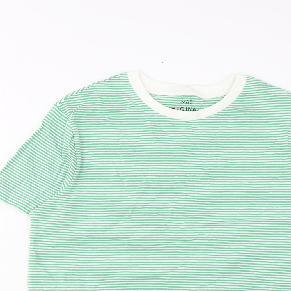 Marks and Spencer Boys Green Striped Cotton Basic T-Shirt Size 11-12 Years Crew Neck Pullover