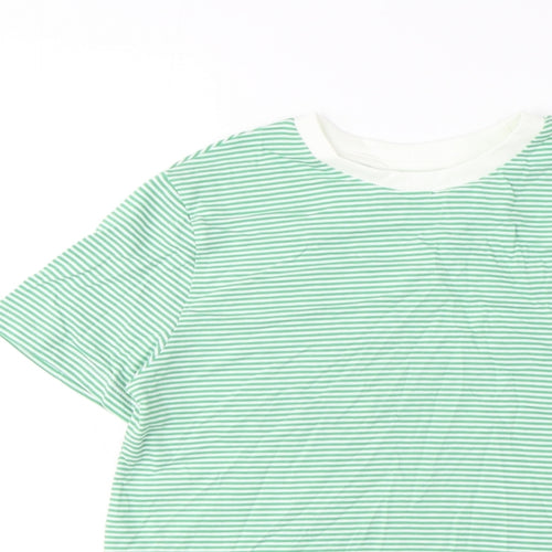 Marks and Spencer Boys Green Striped Cotton Basic T-Shirt Size 8-9 Years Crew Neck Pullover