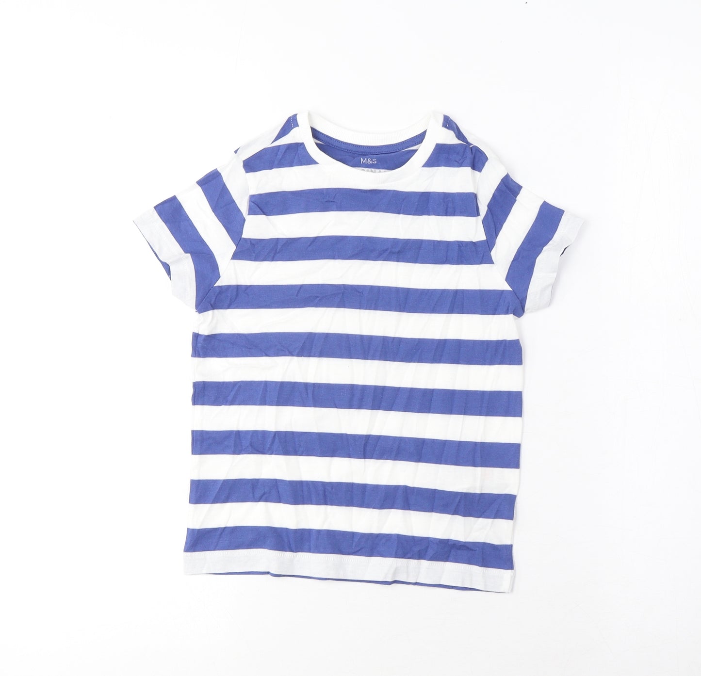 Marks and Spencer Boys Blue Striped Cotton Basic T-Shirt Size 4-5 Years Crew Neck Pullover