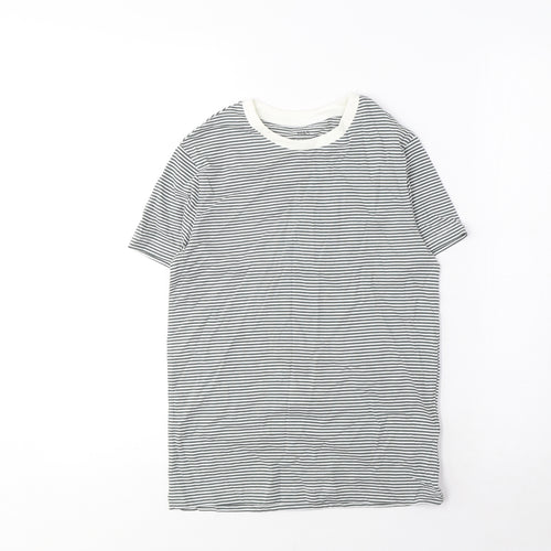 Marks and Spencer Boys Grey Striped Cotton Basic T-Shirt Size 9-10 Years Crew Neck Pullover