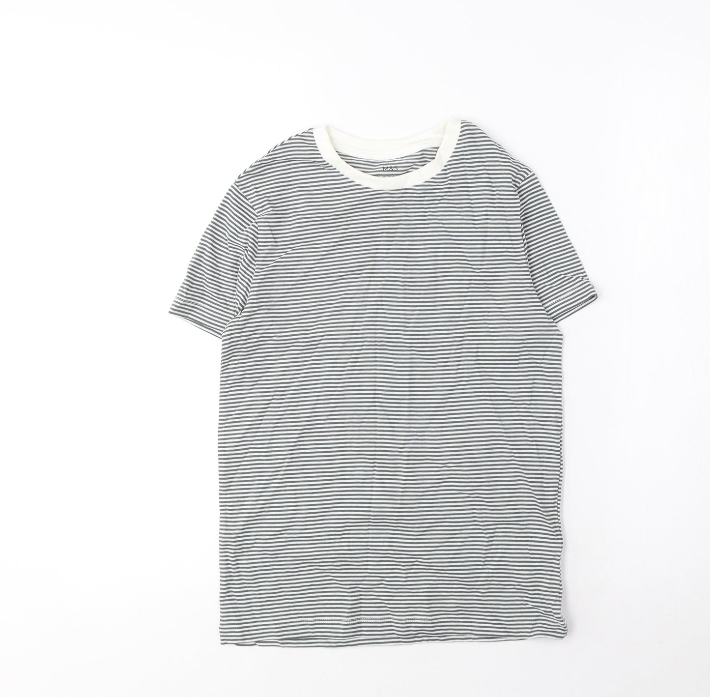 Marks and Spencer Boys Grey Striped Cotton Basic T-Shirt Size 9-10 Years Crew Neck Pullover