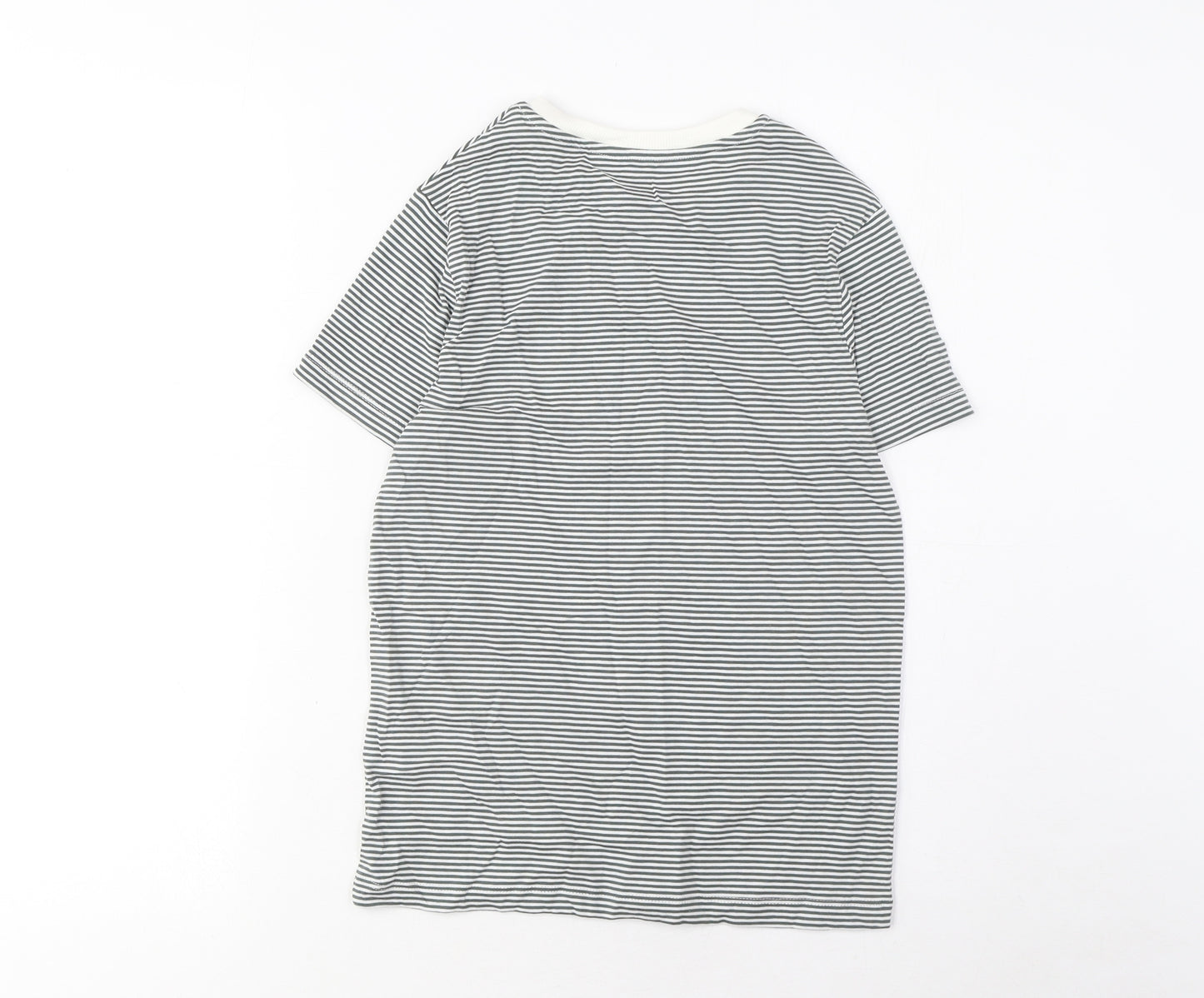 Marks and Spencer Boys Grey Striped Cotton Basic T-Shirt Size 9-10 Years Crew Neck Pullover