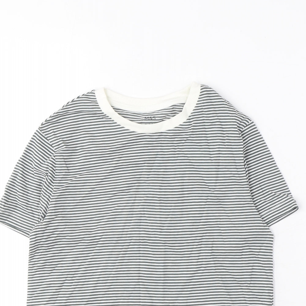 Marks and Spencer Boys Grey Striped Cotton Basic T-Shirt Size 9-10 Years Crew Neck Pullover