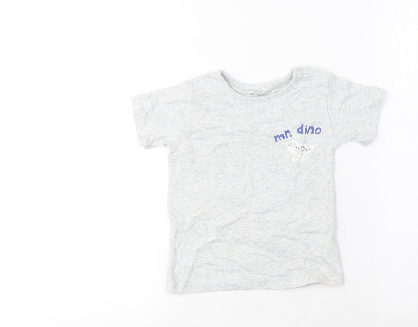 Marks and Spencer Boys Grey Cotton Basic T-Shirt Size 18-24 Months Crew Neck Button - Mr. Dino