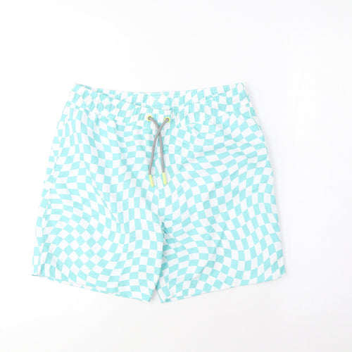 Marks and Spencer Boys Blue Plaid Polyester Sweat Shorts Size 11-12 Years L6 in Regular Drawstring - Swim Shorts