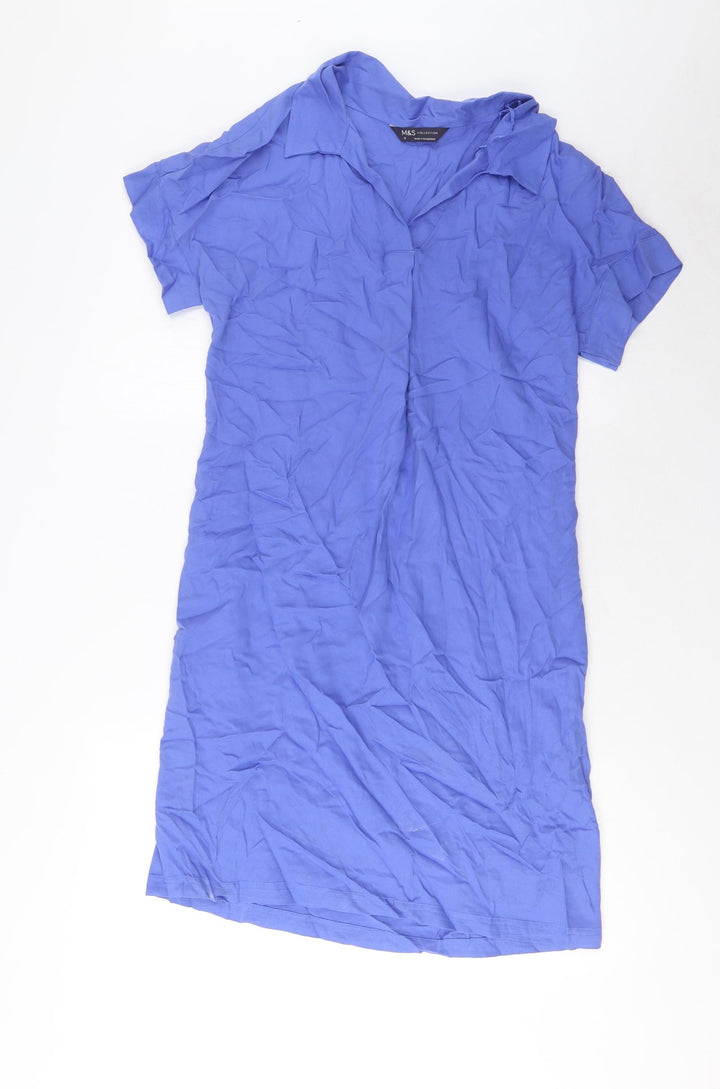 Marks and Spencer Womens Blue Viscose Shirt Dress Size 8 V-Neck Pullover