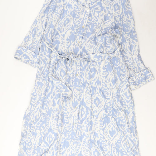Marks and Spencer Womens Blue Geometric Linen A-Line Size L Collared Button - Belted