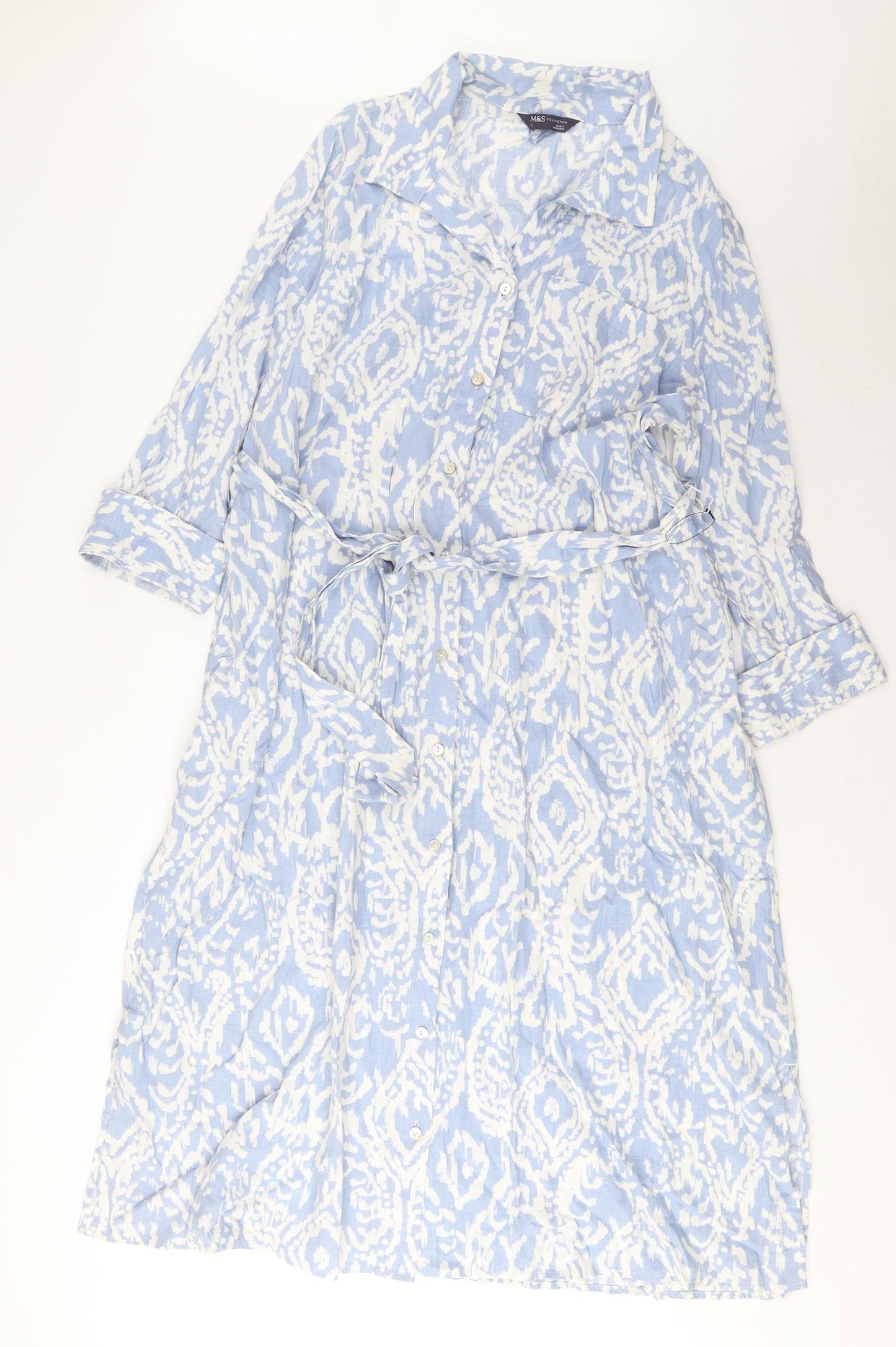 Marks and Spencer Womens Blue Geometric Linen A-Line Size L Collared Button - Belted