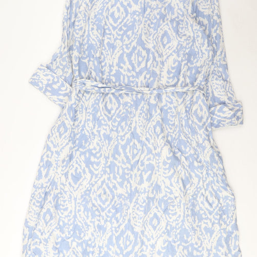 Marks and Spencer Womens Blue Geometric Linen A-Line Size L Collared Button - Belted