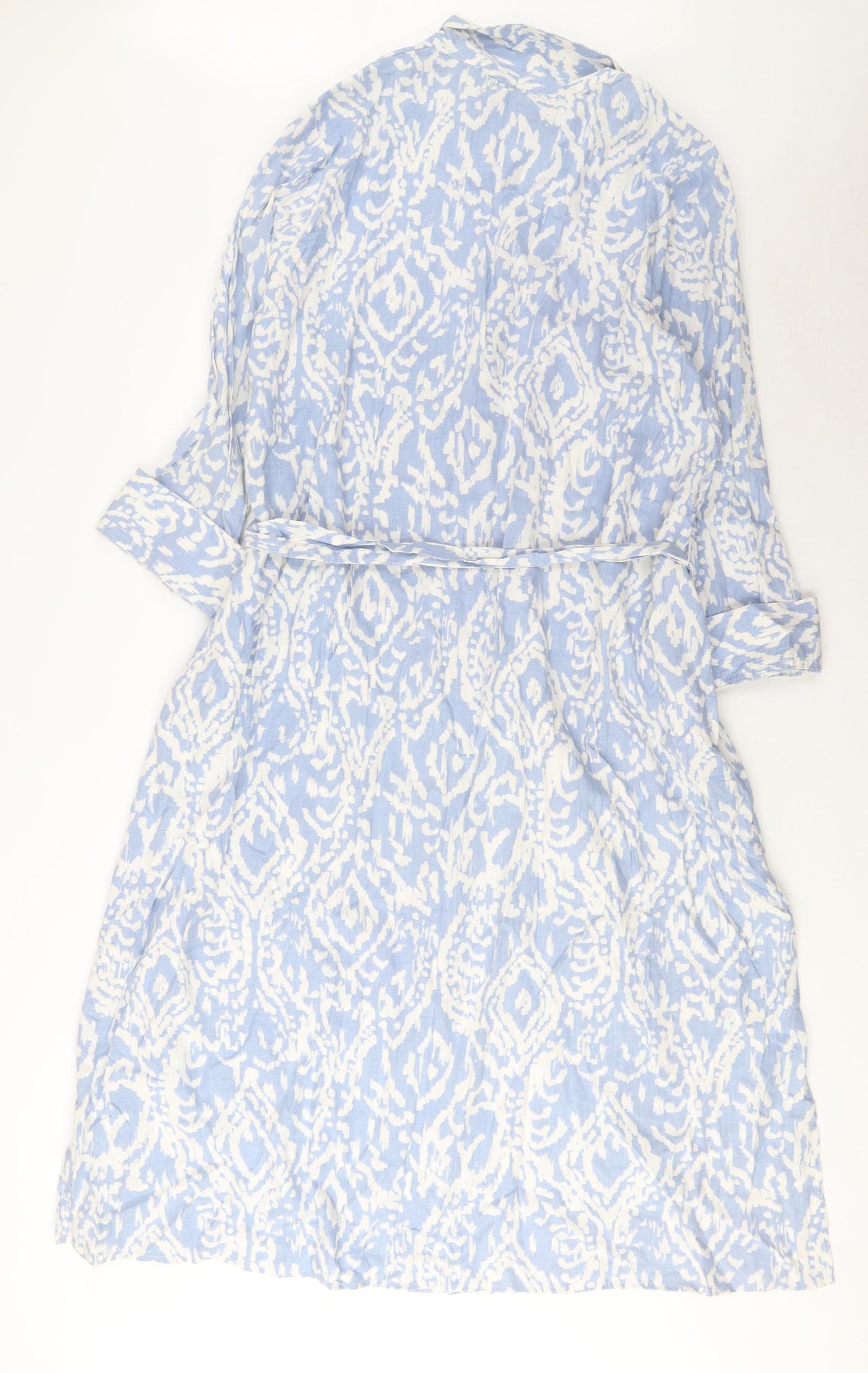 Marks and Spencer Womens Blue Geometric Linen A-Line Size L Collared Button - Belted