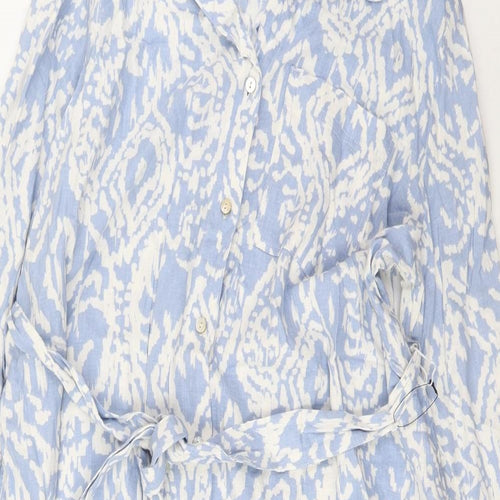 Marks and Spencer Womens Blue Geometric Linen A-Line Size L Collared Button - Belted
