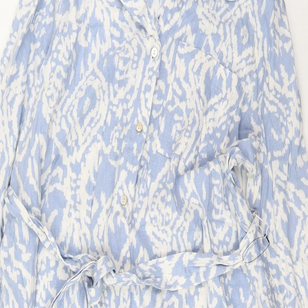 Marks and Spencer Womens Blue Geometric Linen A-Line Size L Collared Button - Belted