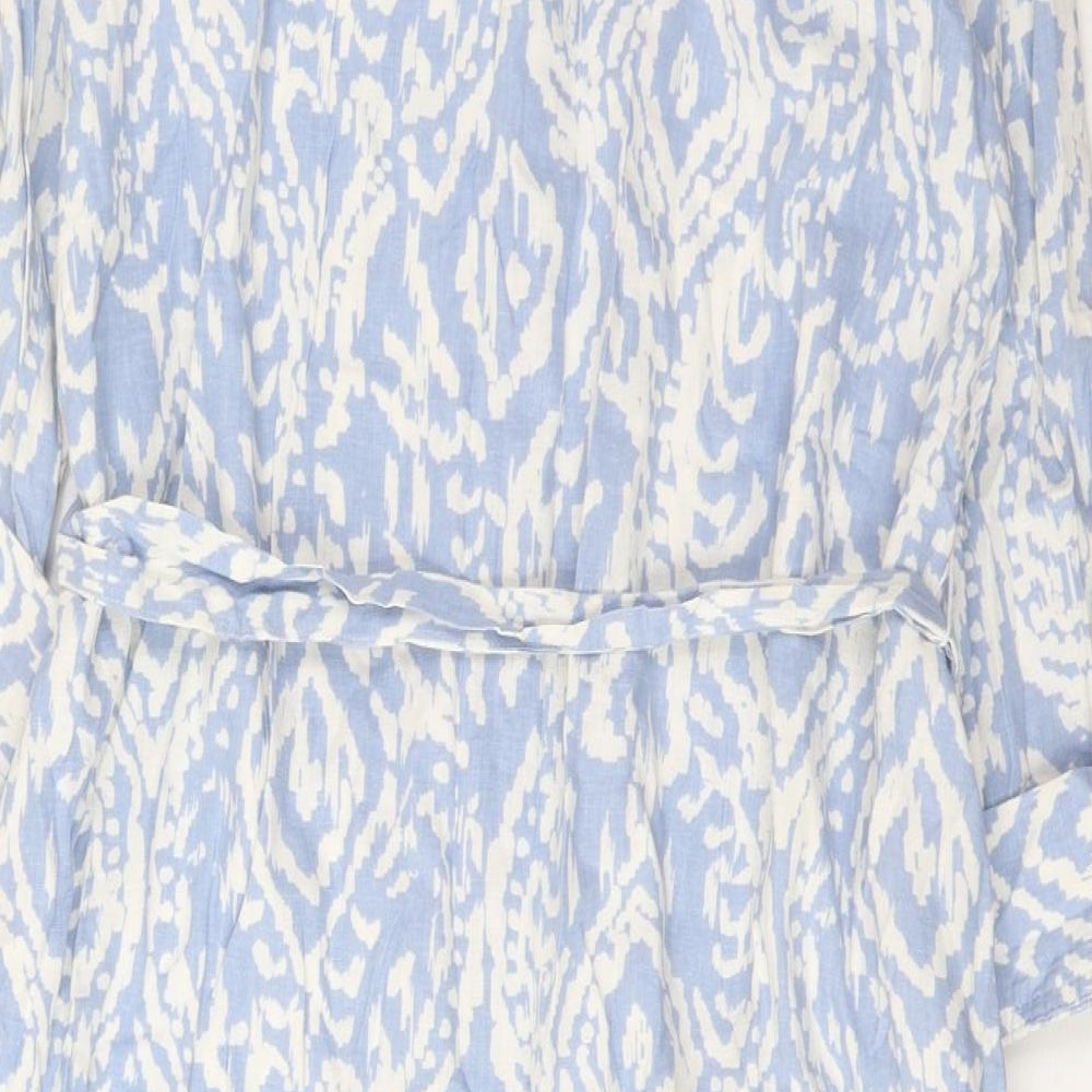 Marks and Spencer Womens Blue Geometric Linen A-Line Size L Collared Button - Belted