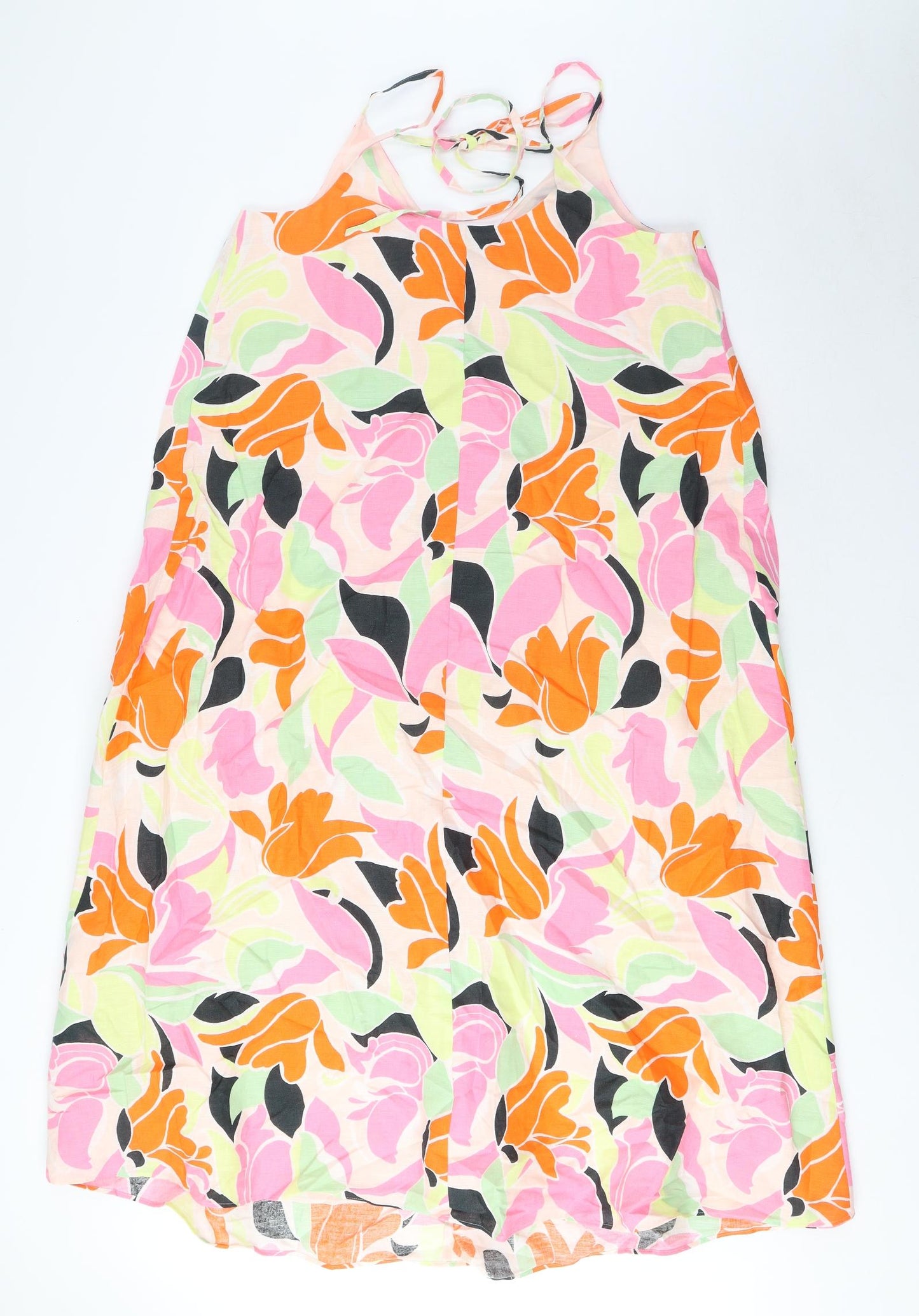 Marks and Spencer Womens Multicoloured Geometric Linen A-Line Size 10 V-Neck Tie - Pleated