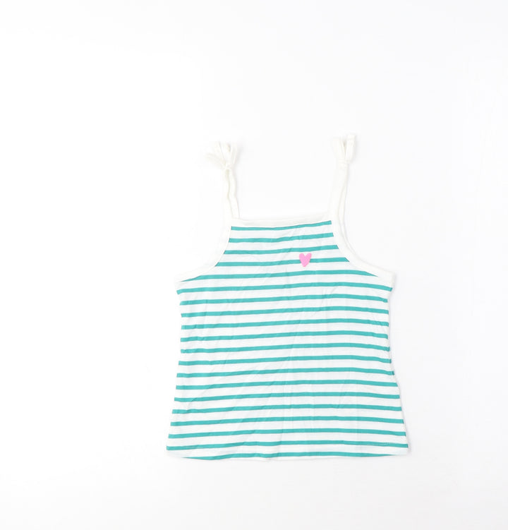 Marks and Spencer Girls Blue Striped Cotton Cropped Tank Size 2-3 Years Square Neck Pullover - Embroidered, Heart