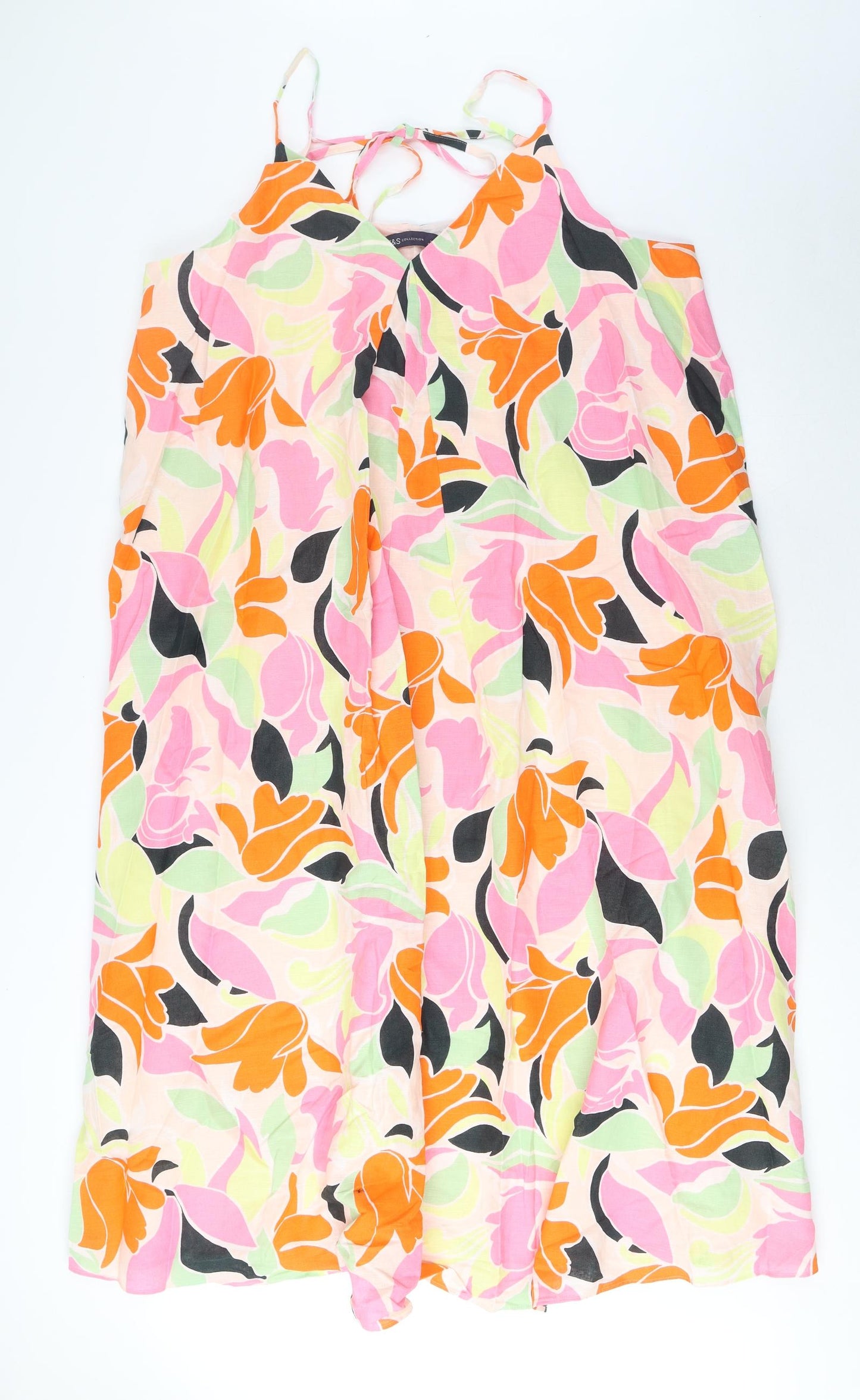 Marks and Spencer Womens Multicoloured Geometric Linen A-Line Size 18 V-Neck Tie - Pleated