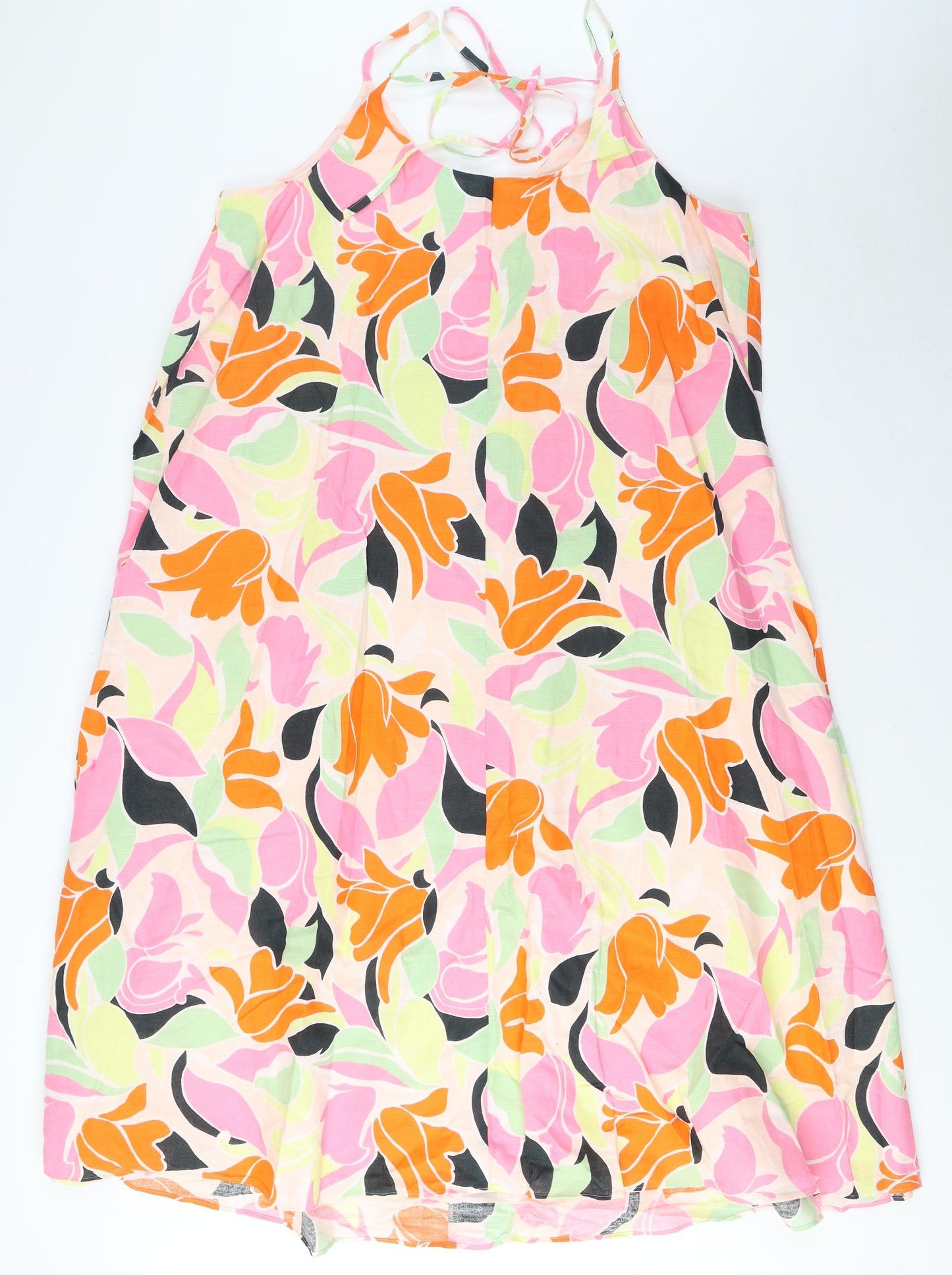 Marks and Spencer Womens Multicoloured Geometric Linen A-Line Size 18 V-Neck Tie - Pleated