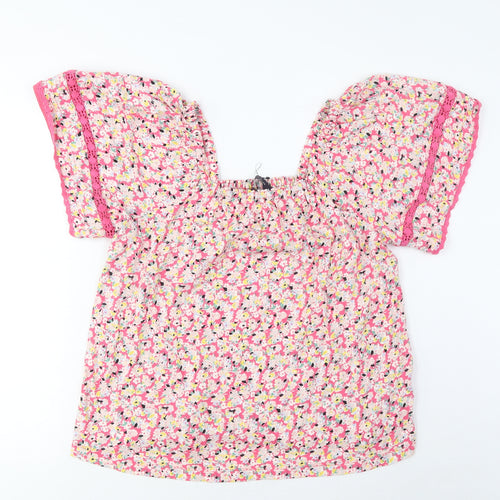Marks and Spencer Womens Pink Floral Cotton Basic T-Shirt Size 10 Square Neck - Embroidered