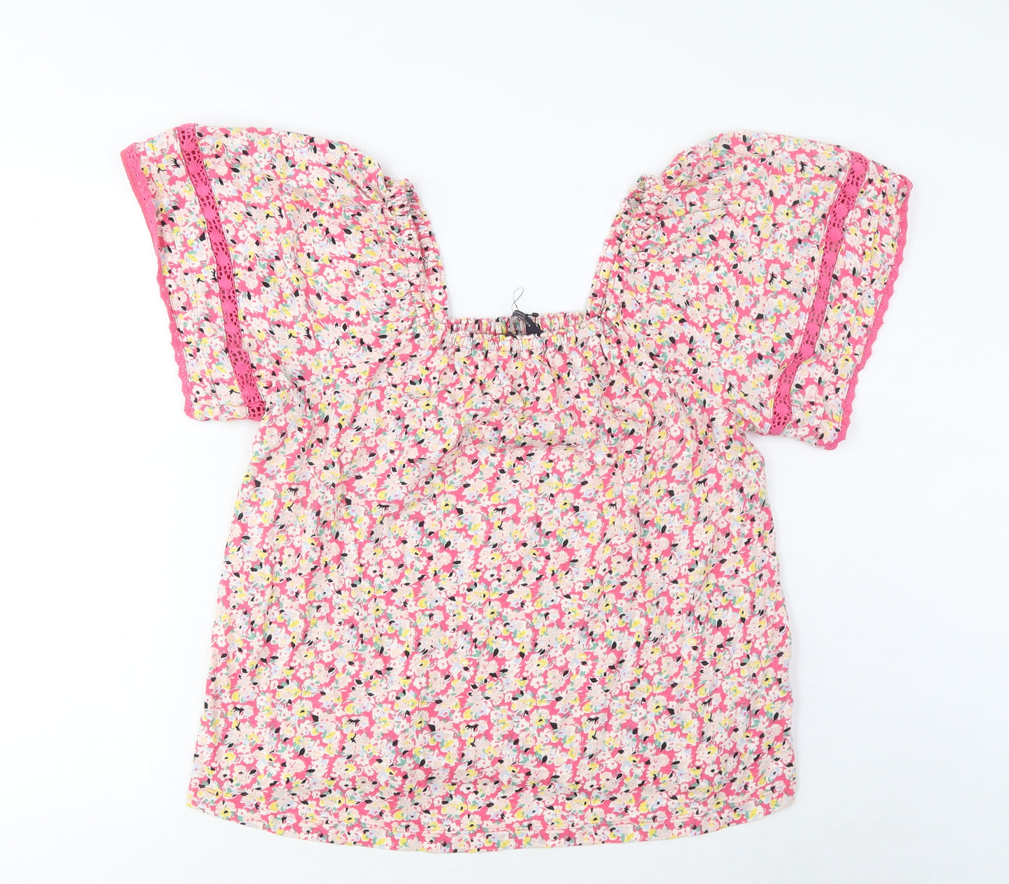 Marks and Spencer Womens Pink Floral Cotton Basic T-Shirt Size 10 Square Neck - Embroidered