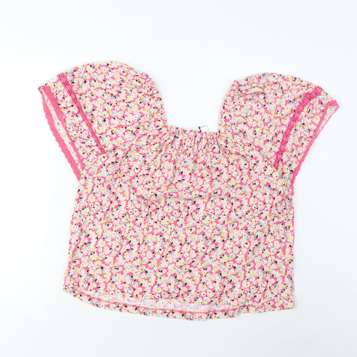Marks and Spencer Womens Pink Floral Cotton Basic T-Shirt Size 10 Square Neck - Embroidered