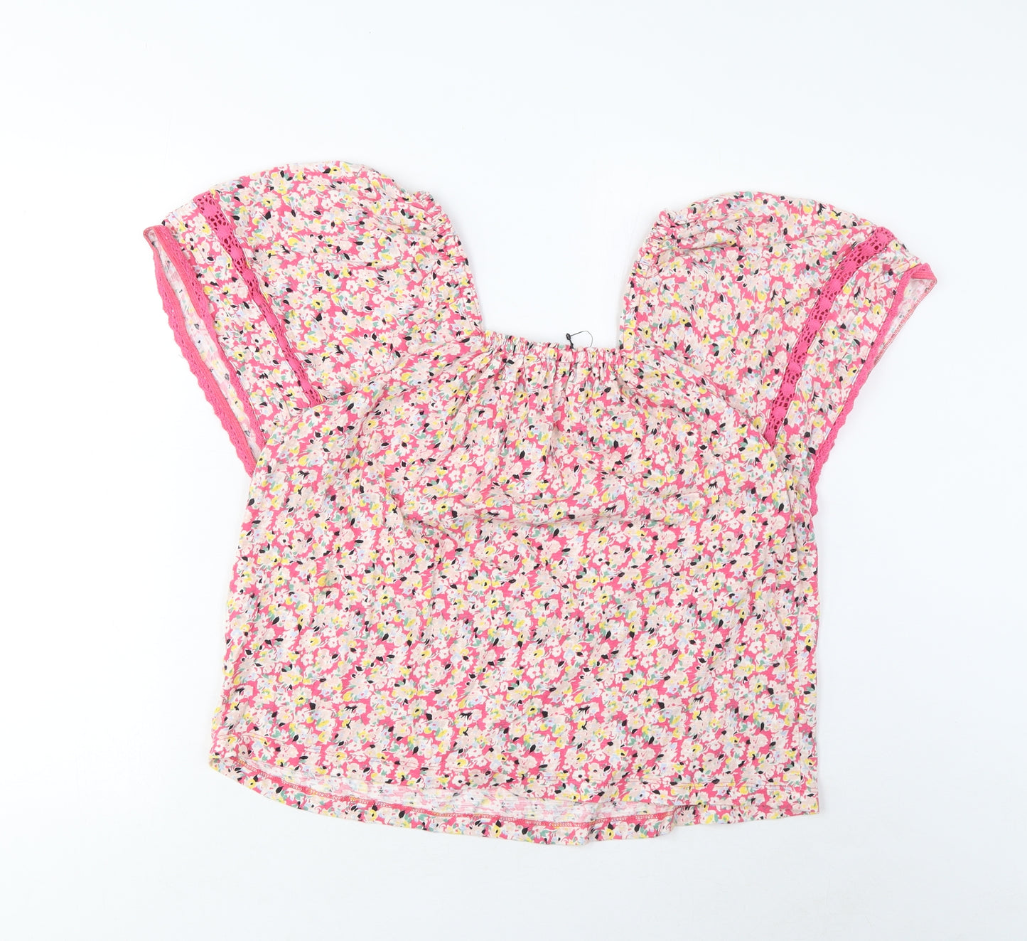 Marks and Spencer Womens Pink Floral Cotton Basic T-Shirt Size 10 Square Neck - Embroidered