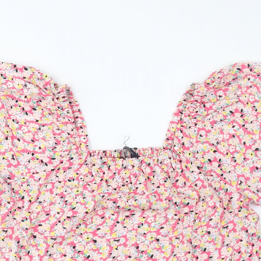 Marks and Spencer Womens Pink Floral Cotton Basic T-Shirt Size 10 Square Neck - Embroidered
